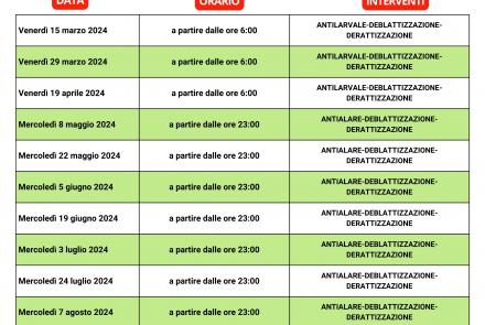 CALENDARIO DI INTERVENTI DI SANIFICAZIONE AMBIENTALE 2024 PALAGIANELLO